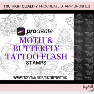 Puede incluir: Una ilustración digital de 100 pinceles de sello Procreate de alta calidad con diseños de flash de tatuaje de polilla y mariposa. La imagen muestra la pantalla de una tableta que muestra los pinceles y el texto "MOTH & BUTTERFLY TATTOO FLASH STAMPS".