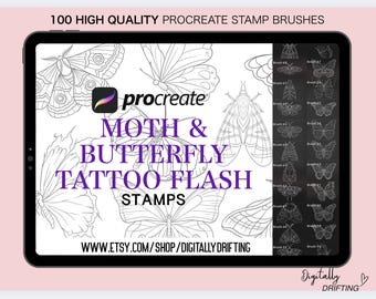 100 Procreate Moth & Butterfly Stamps Tattoo Stencil Brush Fine Line Outline Designs Girly Patchwork Tattoos for iPad Witchy Insect Flash