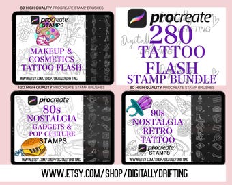 280 Procreate Tattoo Stamps: 80s 90s Retro Designs (Digital Download)