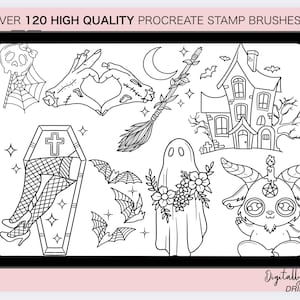 May include: A digital illustration on a tablet featuring over 120 high-quality Procreate stamp brushes with a Halloween theme. The black and white designs include a haunted house, bats, a coffin, a ghost, and a goat.