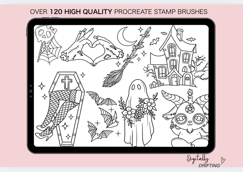May include: A digital illustration on a tablet featuring over 120 high-quality Procreate stamp brushes with a Halloween theme. The black and white designs include a haunted house, bats, a coffin, a ghost, and a goat.