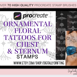 70+ Procreate Stamps Ornamental Floral Chest & Sternum Tattoos for Women Fine Line Brushes Flash Tattoo Patchwork Outline Stencil Designs