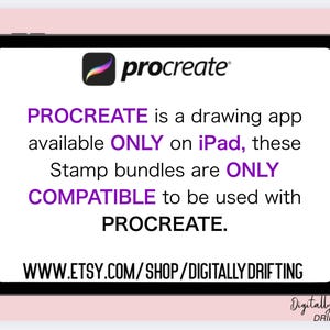 May include: A black tablet displays the Procreate logo and text. The text states that Procreate is a drawing app available only on iPad, and stamp bundles are only compatible with Procreate. The Etsy shop URL is also visible.