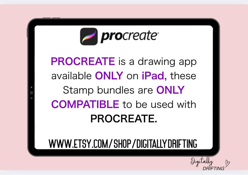 May include: A black tablet displays the Procreate logo and text. The text states that Procreate is a drawing app available only on iPad, and stamp bundles are only compatible with Procreate. The Etsy shop URL is also visible.