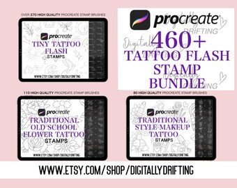 May include: Digital art bundle featuring Procreate stamp brushes for tattoo designs. Includes tiny tattoo flash stamps, traditional old school flower tattoo stamps, and traditional style makeup tattoo stamps. The image displays the Procreate logo and the text "460+ Tattoo Flash Stamp Bundle".