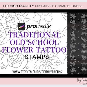 110 Traditional Tattoo Flowers Procreate Stamp Brushes Neo Traditional Stencil Old School Tattoo Designs Rose Flower Tattoo Flash for iPad