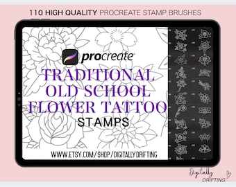110 Traditional Tattoo Flowers Procreate Stamp Brushes Neo Traditional Stencil Old School Tattoo Designs Rose Flower Tattoo Flash for iPad