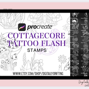 Puede incluir: Una ilustración digital de diseños de flash de tatuaje con temática cottagecore para Procreate. Los diseños incluyen hongos, mariposas, flores y cristales. El texto "Cottagecore Tattoo Flash Stamps" se muestra en texto morado. El texto "www.etsy.com/shop/digitallydrifting" se muestra en la parte inferior de la imagen.