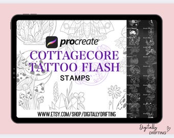 50 Cottagecore Procreate Stamps for Whimsical Patchwork and Stencil Creations, Fine Line Tattoo Outline Traditional for iPad