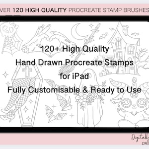 May include: A digital art product displayed on a tablet. The image shows over 120 hand-drawn Procreate stamp brushes for iPad. The design includes various Halloween-themed illustrations, such as a haunted house, bats, and a coffin. Text on the screen says "Fully Customisable & Ready to Use."