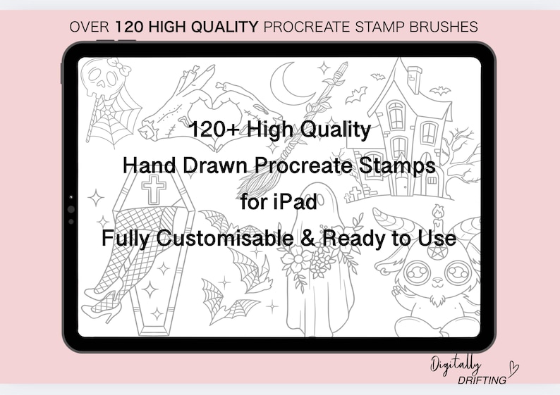 May include: A digital art product displayed on a tablet. The image shows over 120 hand-drawn Procreate stamp brushes for iPad. The design includes various Halloween-themed illustrations, such as a haunted house, bats, and a coffin. Text on the screen says "Fully Customisable & Ready to Use."