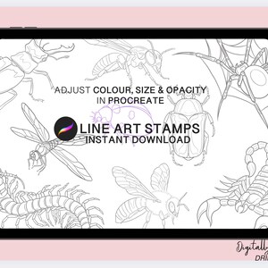 May include: A digital illustration of line art stamps featuring various insects, including a dragonfly, beetle, spider, scorpion, and a centipede. The image includes the text "ADJUST COLOUR, SIZE & OPACITY IN PROCREATE LINE ART STAMPS INSTANT DOWNLOAD".