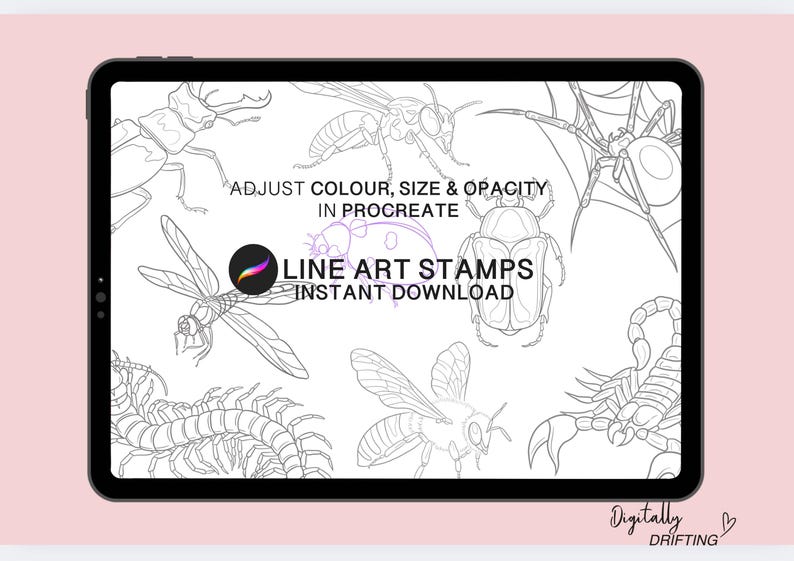 May include: A digital illustration of line art stamps featuring various insects, including a dragonfly, beetle, spider, scorpion, and a centipede. The image includes the text "ADJUST COLOUR, SIZE & OPACITY IN PROCREATE LINE ART STAMPS INSTANT DOWNLOAD".