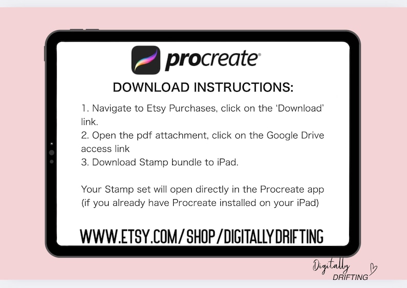 May include: A digital tablet displays Procreate download instructions. The screen shows the Procreate logo, download steps, and the Etsy shop URL. The instructions guide users on how to download a stamp bundle to their iPad.