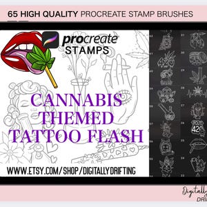65 Procreate Cannabis Tattoo Stamps, pędzle do stempli z marihuaną, cyfrowy szablon do tatuażu z trawką do pobrania, urocze wzory patchworkowe na iPada
