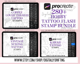 Procreate Tattoo Stamp Brush Bundle: Kawaii, Coffee, Sewing Designs (Digital Download)