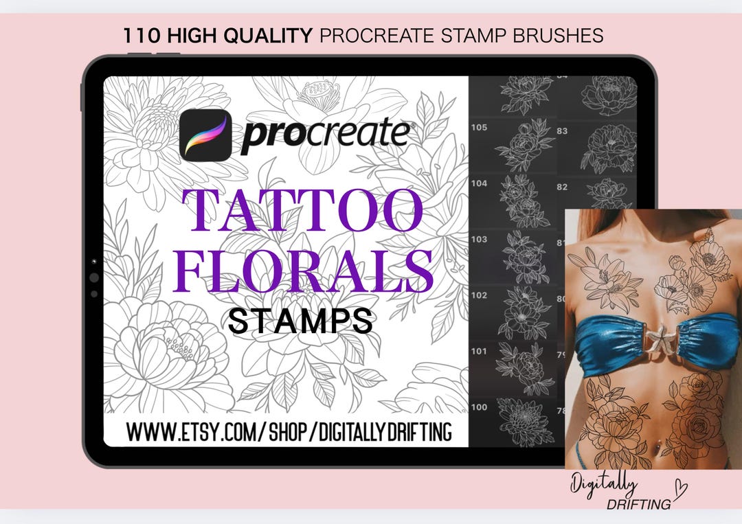 110 Procreate Stamp Brushes, Fine Line Floral Bouquet Tattoo for Women ...