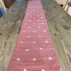 Country Farmhouse Red Table Runner with Embroidered Chickens
