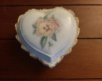 Vintage Medium Size Porcelain Heart Shaped Jewelry Box