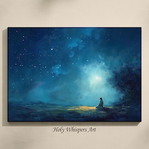 Gethsemane Night Prayer, Jesus in the Garden, Starry Sky Christian Painting, Deep Spiritual Reflection