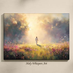 Jesus Walking in Flower Field | Peaceful Christian Landscape Wall Art