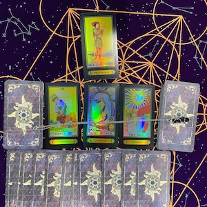 Holographic Tarot Card Deck for Beginners: Purple Shine, Bag & Crystal