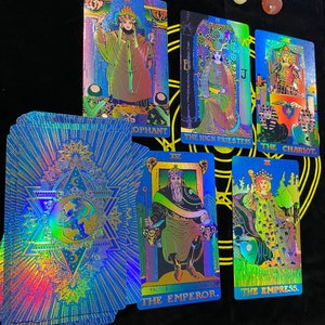 Luxury Sapphire Holographic Tarot Bundle - 78 Gold Trimmed Cards, Velvet Reading Mat & Crystal Bag for Professional Readers or a Gifted Deck