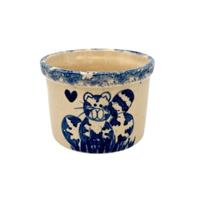 Hand-Painted Cat & Heart Crock Planter Pottery Spongeware Cottagecore 2.5"H