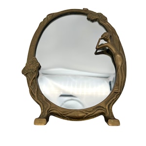 Espejo de tocador vintage Art Nouveau de latón con pie, diseño floral de mujer, 26 cm de alto