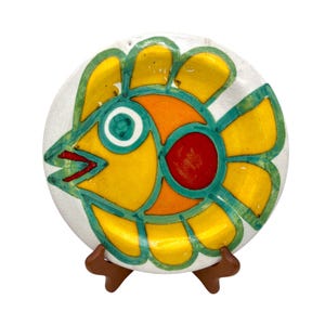 Plato de cerámica vintage Giovanni DeSimone con forma de pez, divertido y vibrante, pintado a mano, 21,5 cm (8,5 pulgadas), Italia.
