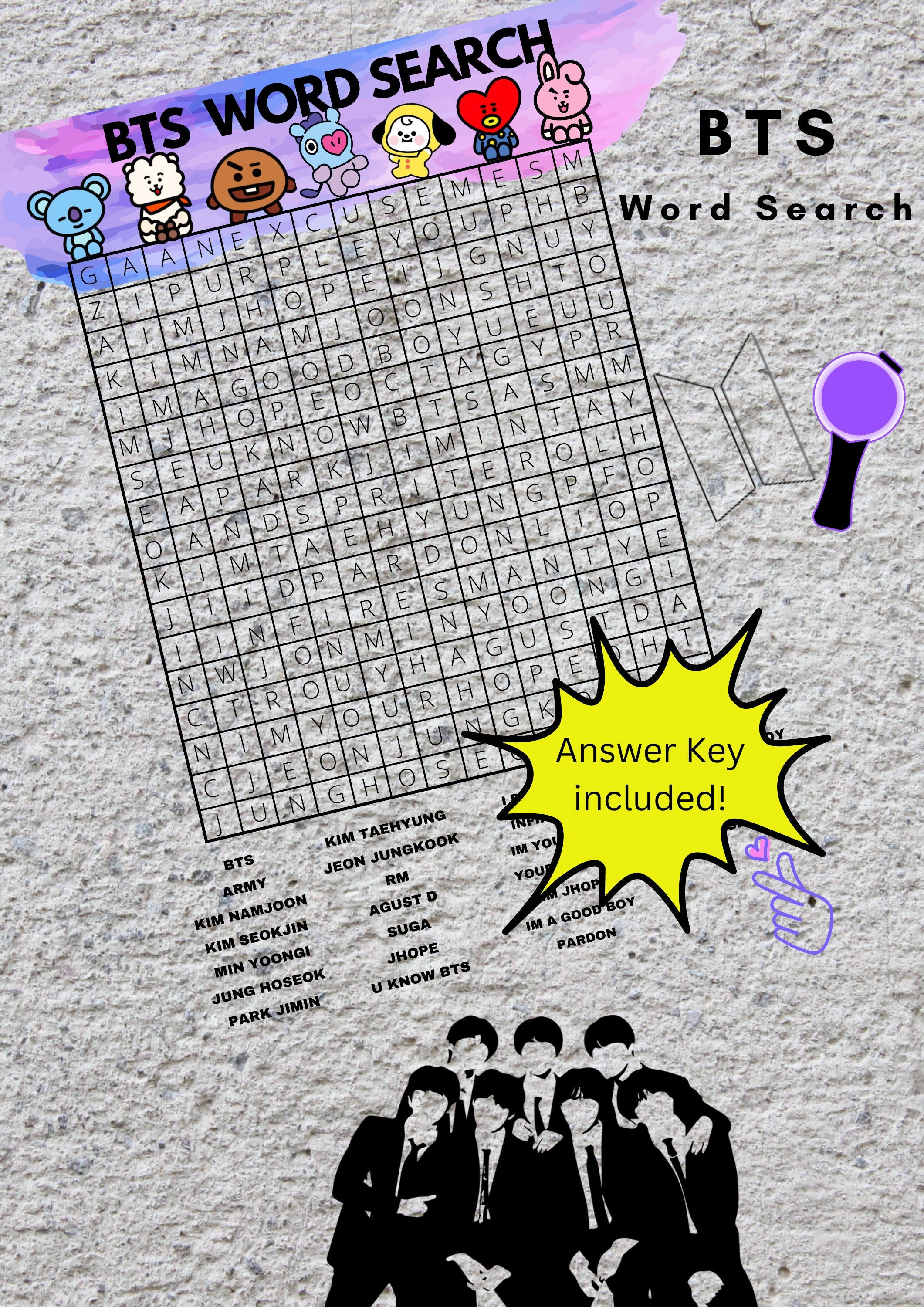 BTS Word Search Puzzle, Word Search With Answer Key, Printable BTS Game ...