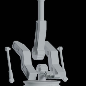 May include: A white, articulated, robotic arm with a round base and a vertical, cylindrical extension. The arm has multiple joints and gears, and it appears to be in a raised position.