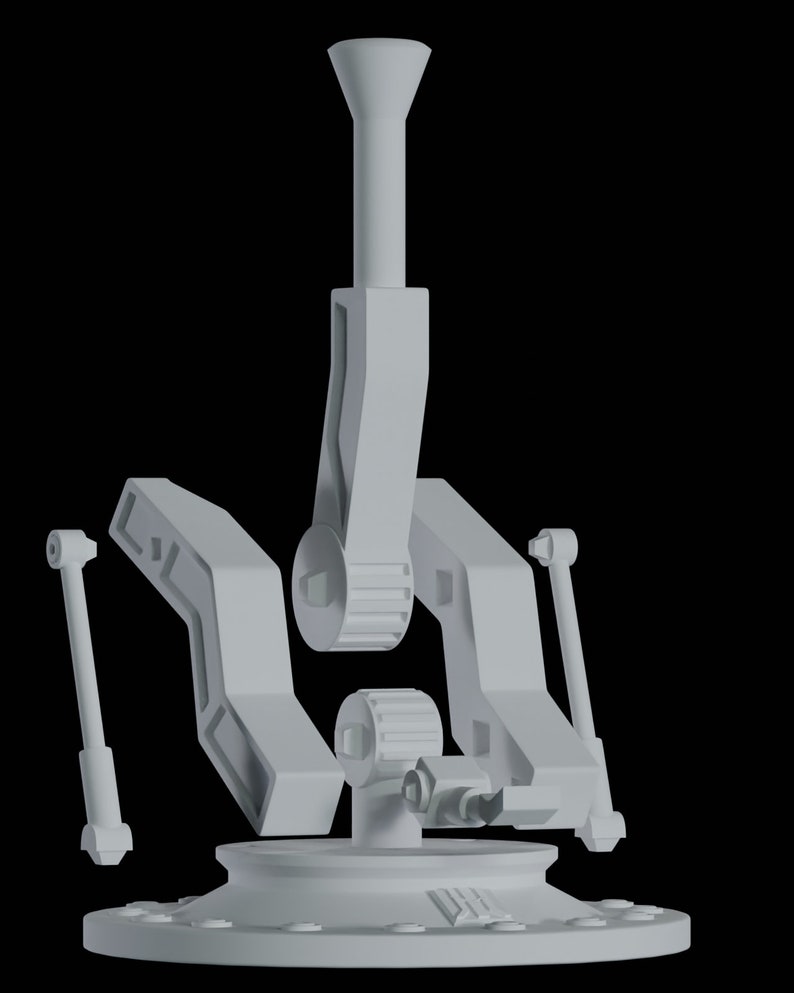 May include: A white, articulated, robotic arm with a round base and a vertical, cylindrical extension. The arm has multiple joints and gears, and it appears to be in a raised position.