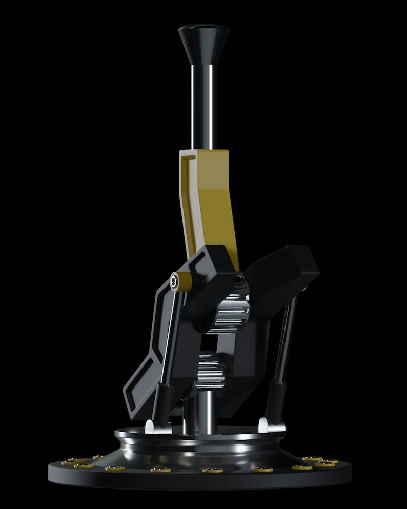 May include: A black and gold metal gear shifter with a black base and a tall, black lever. The lever has a gold top and is attached to a series of gears.