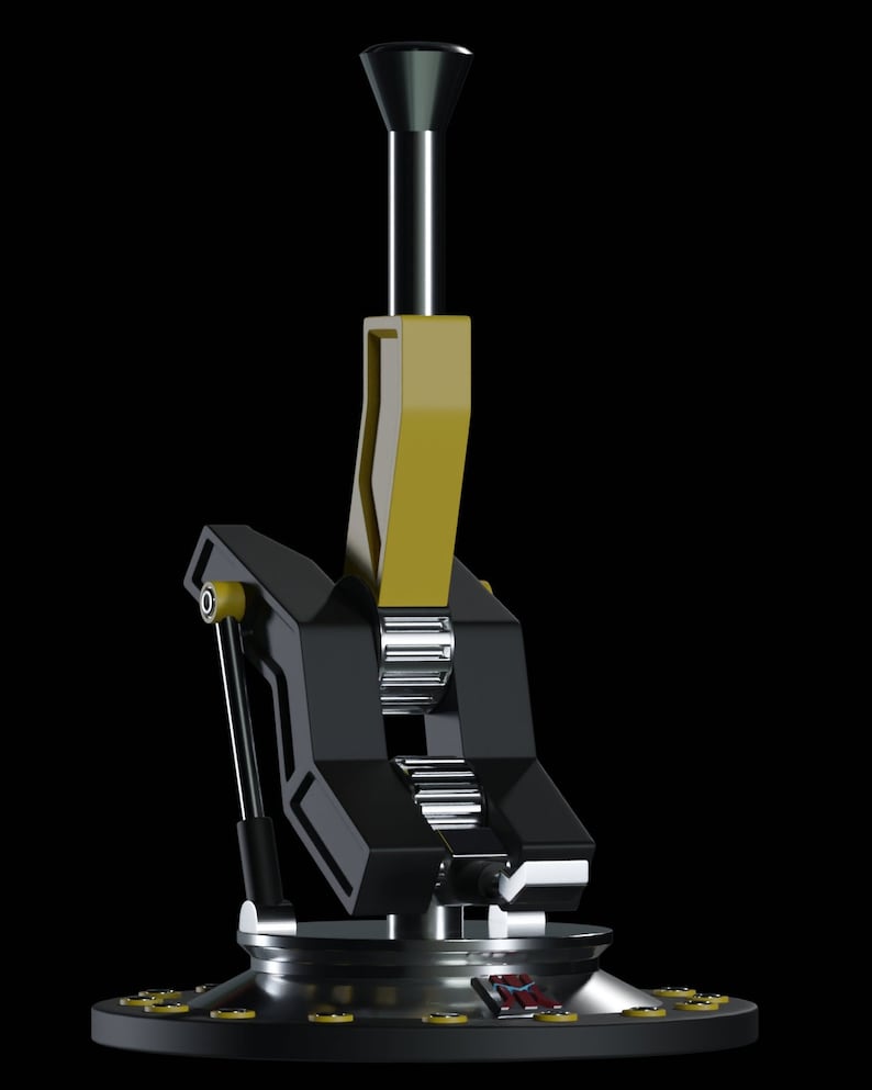May include: A black and yellow mechanical device with a tall, vertical, black and yellow rod. The device has a round base with a series of small, circular, yellow accents. The device has a series of gears visible on the side.