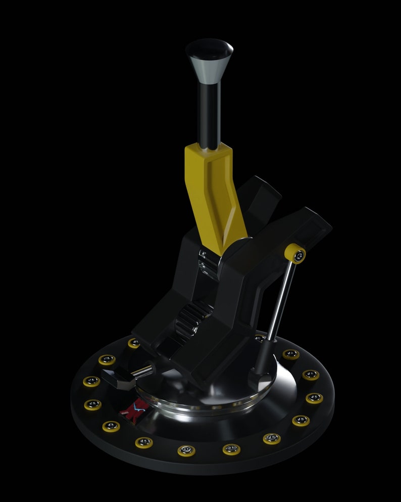 May include: A black and yellow gear shifter with a chrome base and a black knob. The base has a ring of yellow buttons around the edge.