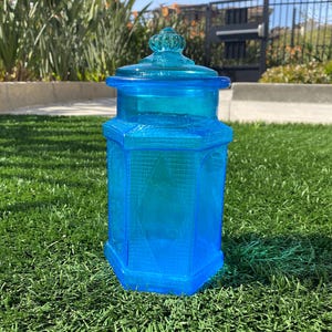 Vintage Blue Hexagon Shaped Pagoda Design Paneled Glass Canister Pharmacy Jar