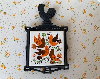 Vintage Enesco Farmhouse Kitchen Bird Tile Trivet With Wrought
