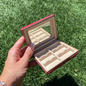 Vintage Raspberry Red Velvet Earring Jewelry Box with Mirror