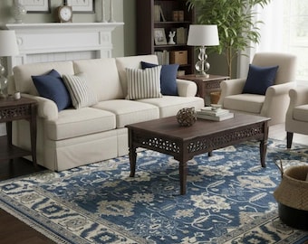 Hand Knotted Blue Wool Vintage Oushak Blue Turkish Area Rug