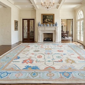 Pode incluir: Um tapete retangular grande com fundo creme e um padrão floral detalhado em tons de vermelho, azul e laranja. O tapete tem uma borda azul clara e está colocado em uma sala espaçosa e bem iluminada com pisos de madeira.