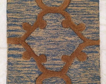 Hand-Tufted Wool Brown Blue Design Abstract Geometric Area Rug Contemporary Carpet