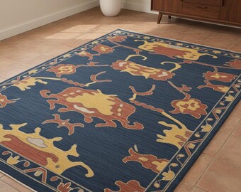 Handmade Wool Oushak Navy Blue Rust Gold Turkish Area Rug Vintage Geometric Floral Carpet