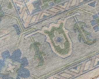 Hand-Knotted Wool Oushak Rug – Light Blue Green Floral Turkish Carpet