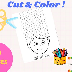May include: A black and white printable coloring page featuring a cartoon face with a zig-zag line for cutting out the hair. The page includes the text "Cut the Hair" and is part of a 4-page set.