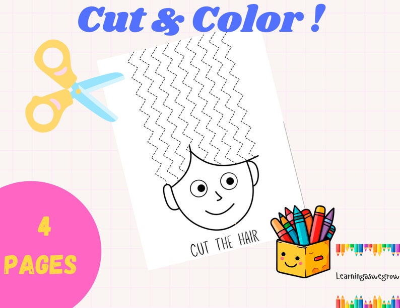 May include: A black and white printable coloring page featuring a cartoon face with a zig-zag line for cutting out the hair. The page includes the text "Cut the Hair" and is part of a 4-page set.