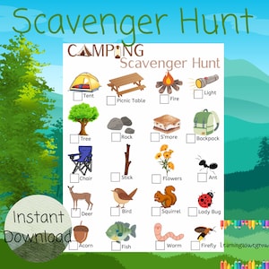 Camping Schnitzeljagd, Familienlager Spiel, Camping Aktivität für Kinder, Sommerspiel, Urlaubsspiel, Sommeraktivität, druckbar
