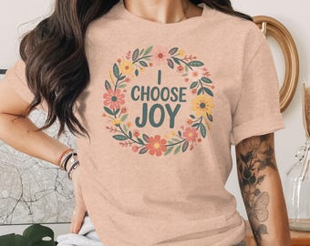 Camiseta cristiana floral con texto "Cáncer": "Elijo la alegría"