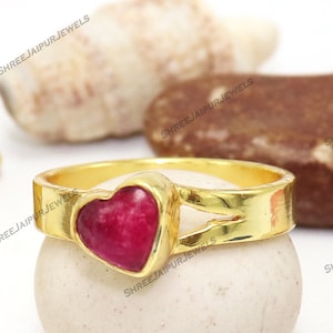 Anillo de rubí con corte de corazón hecho a mano, bañado en oro de 14 k, plata de ley