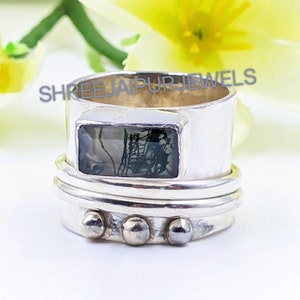 Moss Agate Spinner Ring: 925 Sterling Silver Fidget Band